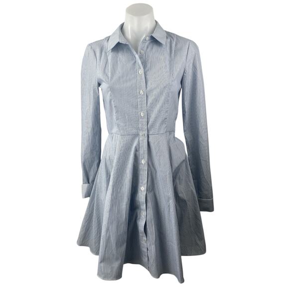 BCBGeneration Blue Striped Long Sleeve Button Up Fit & Flare Mini Dress Size 0 - Picture 1 of 4